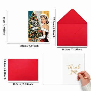 Detailansicht des Retro Weihnachtskarten Sets mit rotem Umschlag und Maßangaben im Bild.