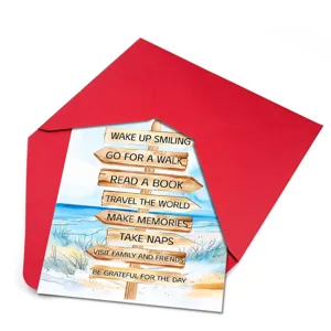 Greeting card set with beach wooden sign design and red envelope for retirement.