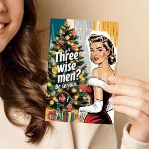 Nahaufnahme der Vintage Weihnachts-Grußkarte mit witzigem Retro Pin-up Design für die Festtage.