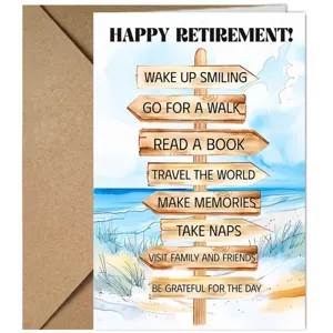 Retirement greeting card set featuring beach wooden sign design and matching envelope.