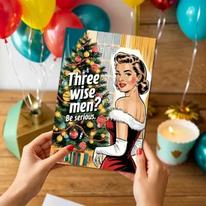 Retro Weihnachtskarte mit humorvollem Design, perfekte Vintage Weihnachtspapeterie.