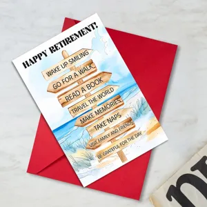 Retirement greeting card set with red envelope, beach wooden sign design for warm wishes.