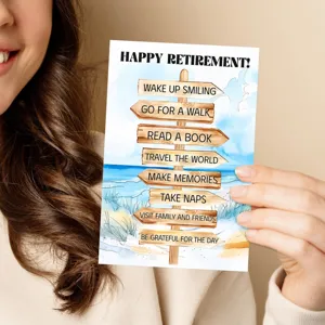 Warm retirement greeting card with beach wooden sign design for your best wishes and memories.