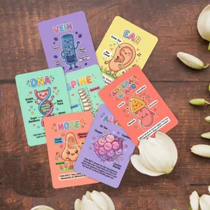 Cute anatomy educational cards set for kids learning, featuring organs cells science illustrations.