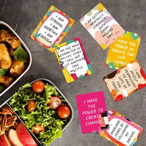 Positive affirmation cards with inspiring quotes for daily motivation and office decor.