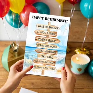 Retirement greeting card with beach wooden sign design, warm blessing card gift for party.