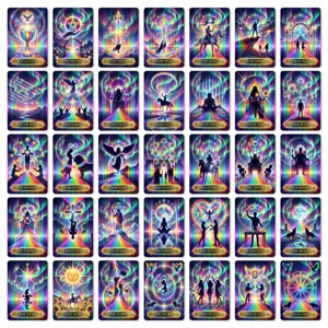 Holographic neon tarot cards deck set, vibrant mystical glowing oracle board game cards.