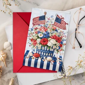 Biglietto Auguri Giorno Indipendenza USA Con Busta Rossa Stelle Strisce Patriottiche Bandiera Americana Motivo Floreale Carte Regalo