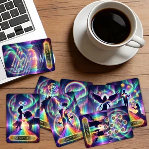 Detailed view of holographic neon tarot cards set with colorful aurora designs on wooden desk.