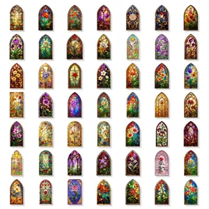 Vue détaillée de stickers PET fleurs vitrail vintage, fournitures de bricolage étanches.