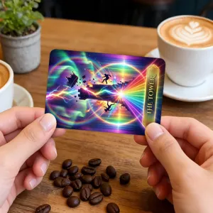 Detailed view of the holographic neon tarot card featuring magical aurora designs and clear English text.
