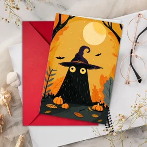 Carte de vœux d'Halloween avec illustration de fantôme et citrouille, enveloppe rouge incluse.