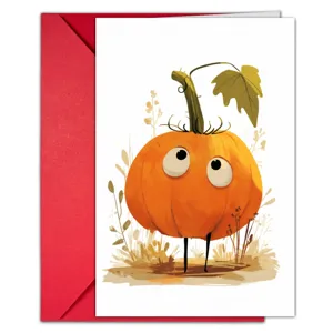 Gros plan sur la carte de vœux citrouille dessin animé mignonne avec enveloppe rouge.