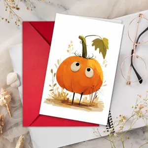Jolie carte de vœux citrouille dessin animé avec enveloppe rouge et papeterie d'automne.