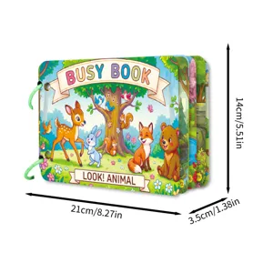 Children early education cognitive busy book with cute animal illustrations and stickers.
