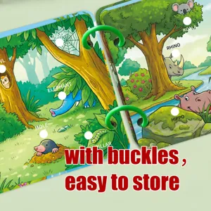Children quiet book detail showing jungle animals with ring binding, early learning toy.