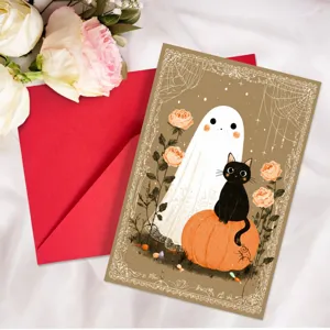 Carte de vœux d'Halloween mignonne avec fantôme, chat noir, citrouille et enveloppe.