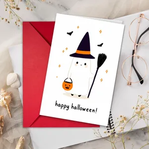 Vue détaillée de la jolie carte de vœux d'Halloween fantôme avec ensemble d'enveloppes.