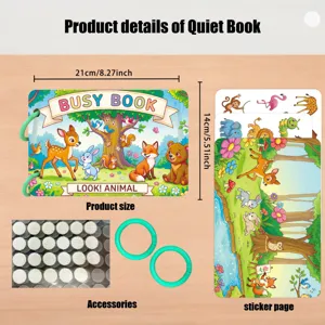 Kids quiet book detail view showing busy book dimensions, stickers, and accessories.