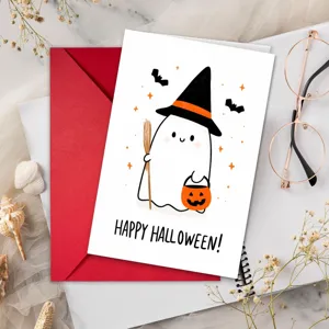 Vue détaillée d'une jolie carte de vœux d'Halloween avec un fantôme et une enveloppe.