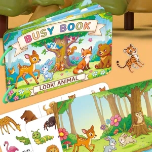 Children quiet book animal cognitive sticker busy book detail showing pages and cute forest animals.