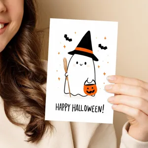 Détail de carte de vœux d'Halloween mignonne avec fantôme et citrouille éléments de design.