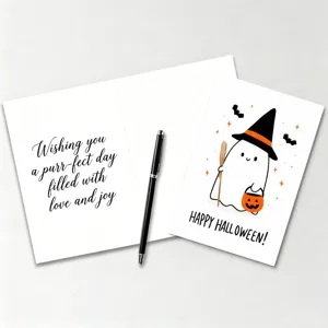 Detail de jolie carte de voeux d'Halloween avec un charmant fantome et des voeux chaleureux.
