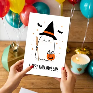 Gros plan de la jolie carte de vœux d'Halloween avec motif de fantôme, accessoires de fête.