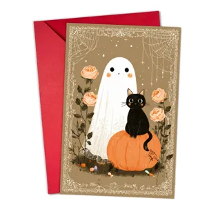 Carte de vœux Halloween avec mignon fantôme chat noir citrouille et enveloppe rouge