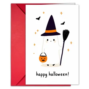 Jolie carte de vœux Halloween avec enveloppe rouge, design fantôme mignon, papeterie de fête.