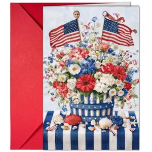 Set di biglietti d'auguri per il Giorno dell'Indipendenza USA con busta rossa e fiori.