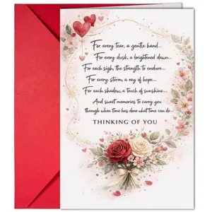 Sympathy greeting card with red envelope, featuring warm poem and floral design for friends.