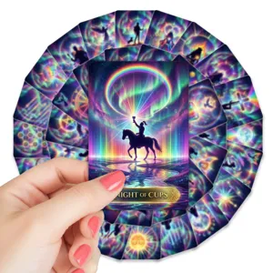 Detailed view of holographic neon tarot card featuring vibrant cosmic artwork and fine details.