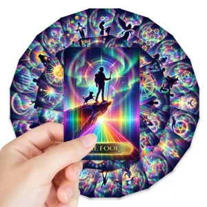 Holographic neon tarot cards detail view, vibrant mystical glowing design for divination board games.