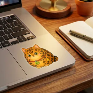 Adorable autocollant de chat léopard rebondi, sticker vinyle imperméable pour ordinateur et tasse.