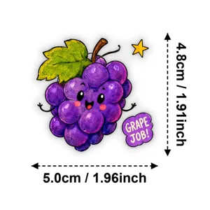 Cute cartoon purple grape sticker detail view, waterproof PET material, vibrant design.
