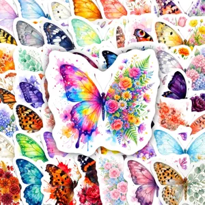 Cute Watercolor Butterfly Flowers Waterproof Decorative Stickers For Laptop Skateboard Water Bottle Scrapbook Journaling DIY Crafts Label