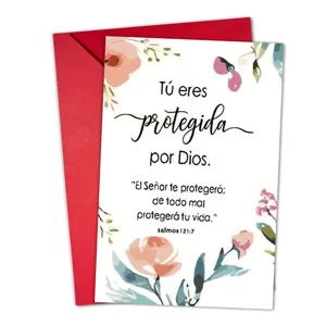Inspirational floral greeting card featuring Spanish Bible verse and red envelope set.