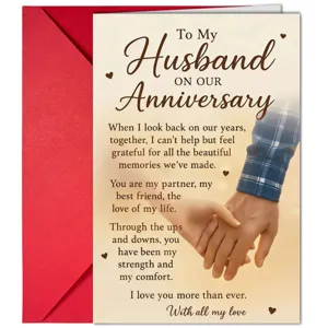 Romantic anniversary greeting card with red envelope for husband, love message gift.
