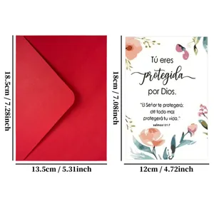 Floral greeting card detail, inspirational Spanish Bible verse text, red envelope set.