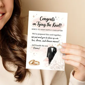 Lustige Hochzeitsgrußkarte mit witzigem Text und eleganter Anzugkleid-Illustration.