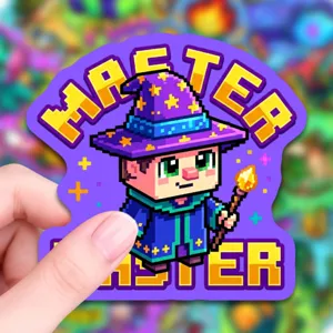 Pixel game tovenaar sticker, waterdichte vinyl sticker voor laptop en koffer decoratie.