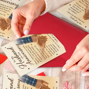 Romantic anniversary greeting card and red envelope set for husband, heartfelt message.