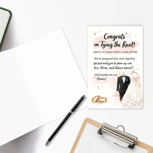 Lustige Hochzeitskarte Detailansicht mit humorvollem Text, Anzug und Kleid Illustrationen.