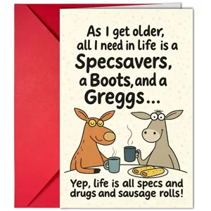 Divertida tarjeta de felicitación de cumpleaños con texto humorístico y animales simpáticos.