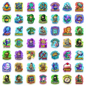 Gedetailleerd overzicht van pixel art game-stickers met diverse fantasiefiguren.