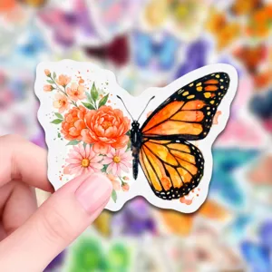 Watercolor monarch butterfly and floral sticker for laptop skateboard water bottle decor