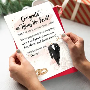 Lustige Hochzeitsgrußkarte mit humorvoller Botschaft, elegantes Design für Brautpaar.
