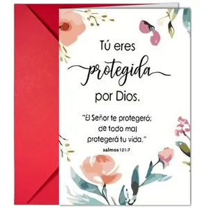 Spanish inspirational greeting card set with watercolor floral design and red envelope.