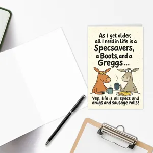 Divertida tarjeta de felicitacion britanica con animales adorables para celebraciones.